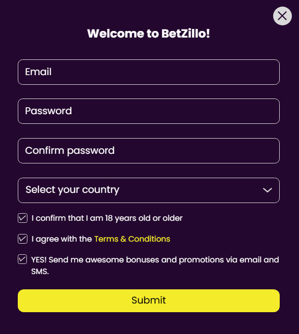 Welcome modal showing email, password fields, country dropdown and consent checkboxes